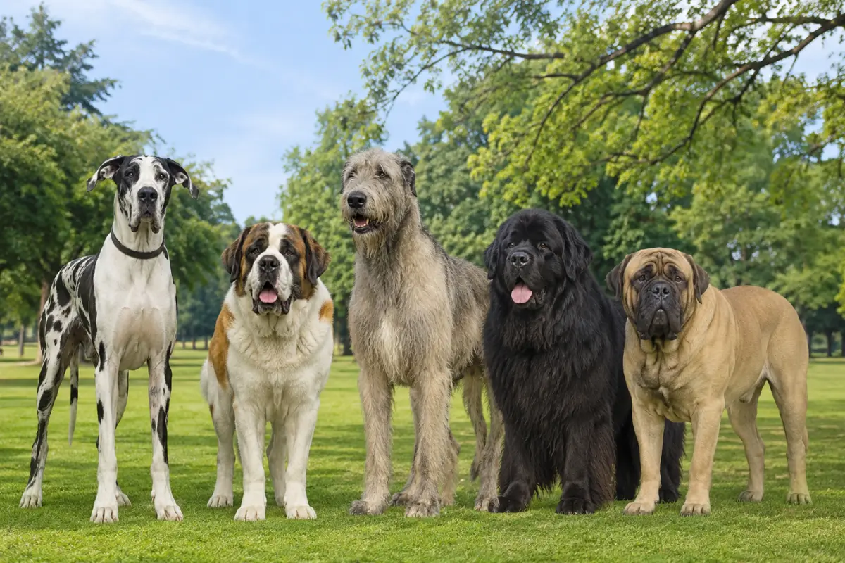 Giant dog breeds standing together in a park, showing Great Dane, Saint Bernard, Irish Wolfhound, Newfoundland, and Mastiff size comparison.