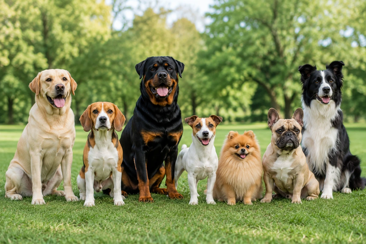 Global dog breed variety with different dog sizes, coat types, and popular breed groups.