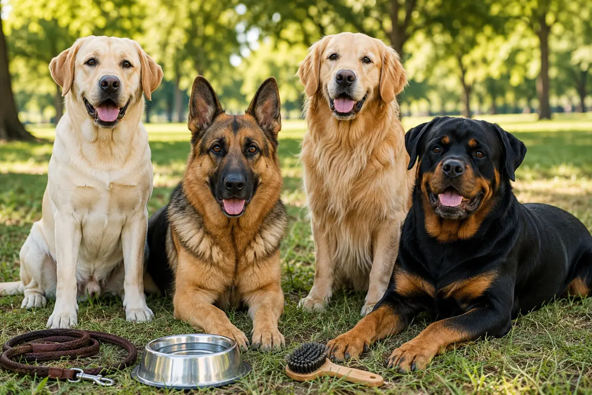 Large dog breeds including Labrador Retriever, German Shepherd, Golden Retriever, and Rottweiler with care items in a park.