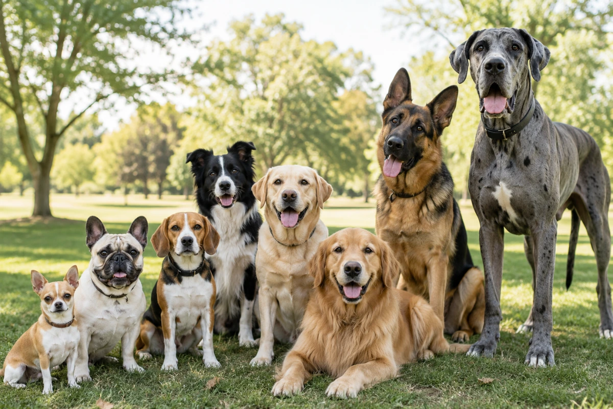 Different types of dogs sitting together in a park, showing small, medium, large, and giant dog breeds.