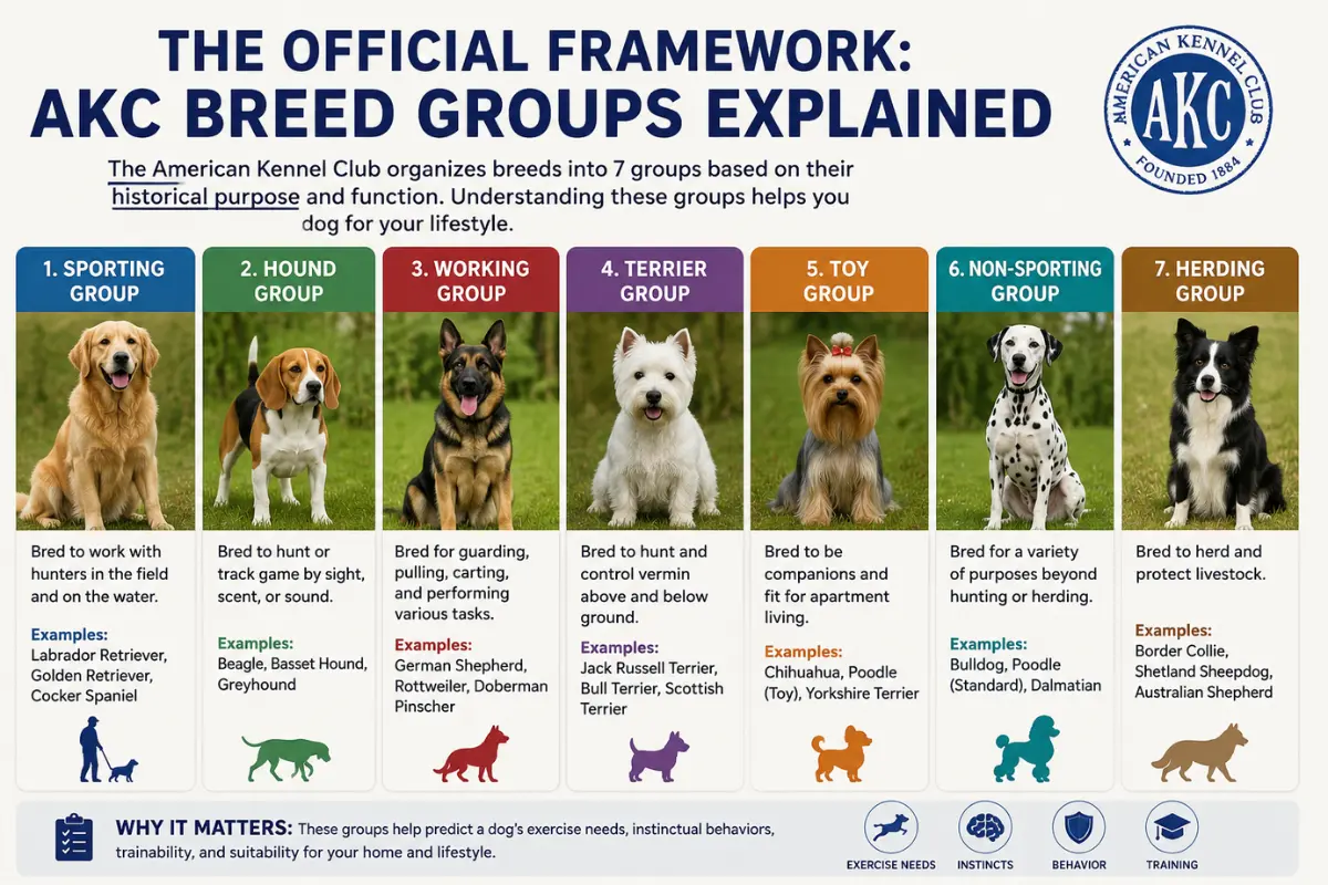 AKC breed groups explained with seven dog groups, breed examples, and key traits for choosing the right dog.
