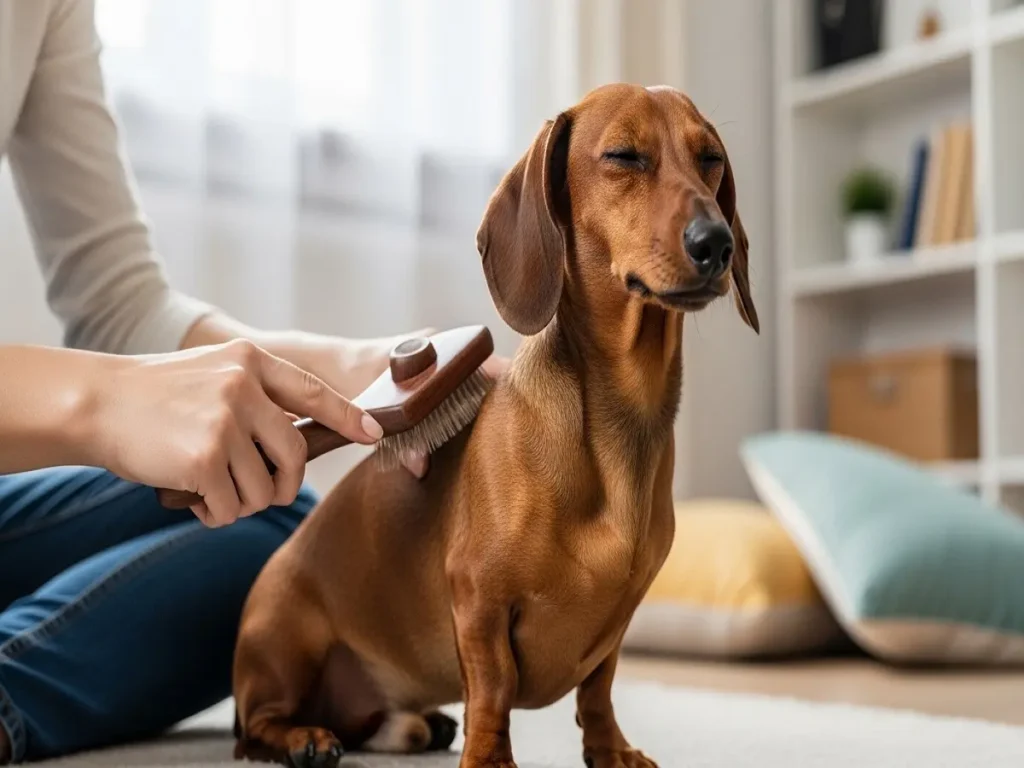 dachshund-small-dog-breed (2) Owner grooming a dachshund dog