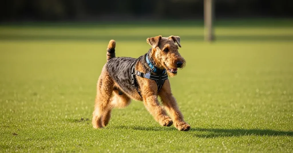 airedale-terrier-exercise-needs Airedale Terrier running in park showing high energy and exercise needs