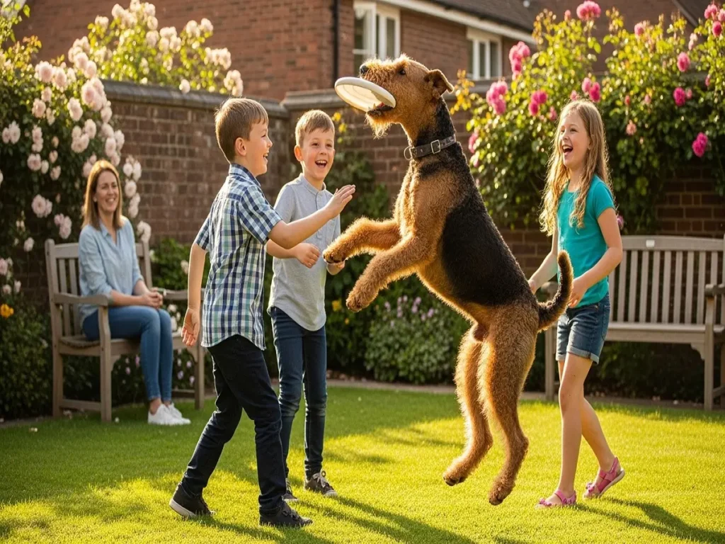 airedale-terrier-family-behaviour Airedale Terrier playing with family in backyard showing friendly behaviour