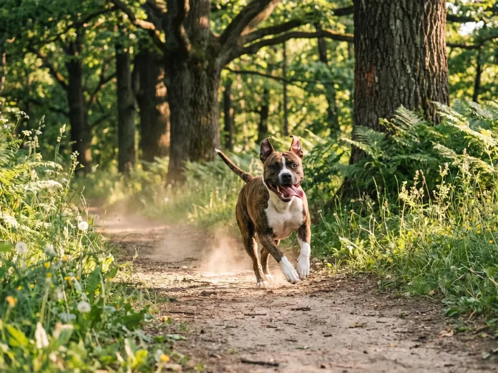 american-staffordshire-terrier-exercise American Staffordshire Terrier running outdoors on trail