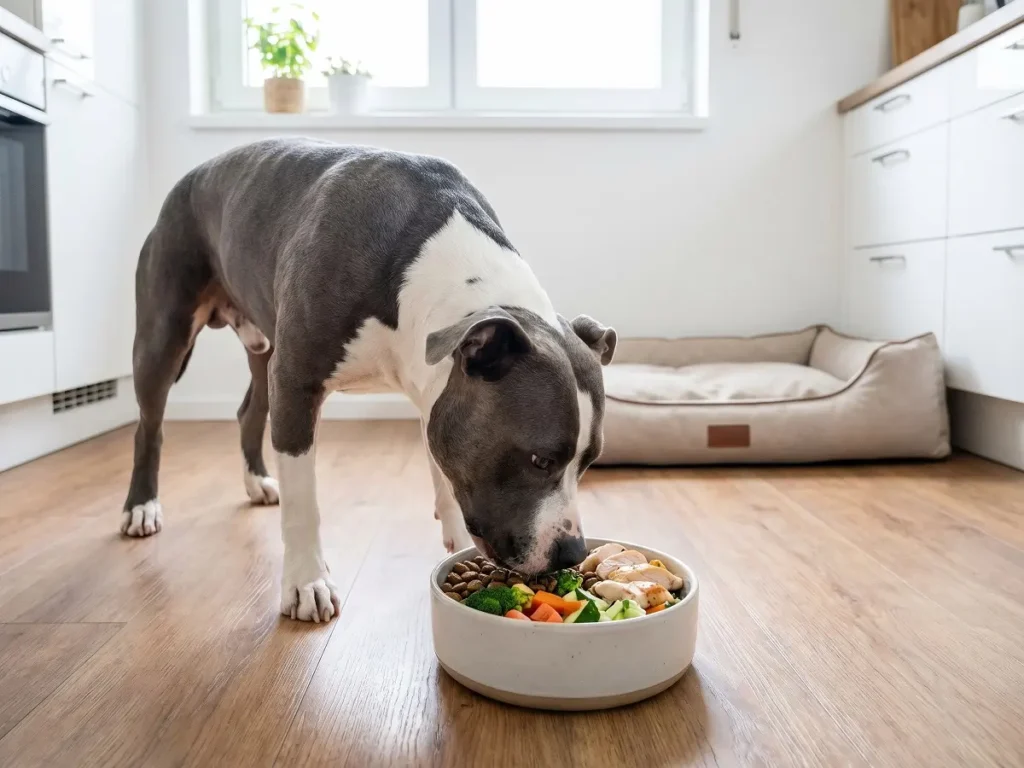 american-staffordshire-terrier-feeding American Staffordshire Terrier eating healthy dog food