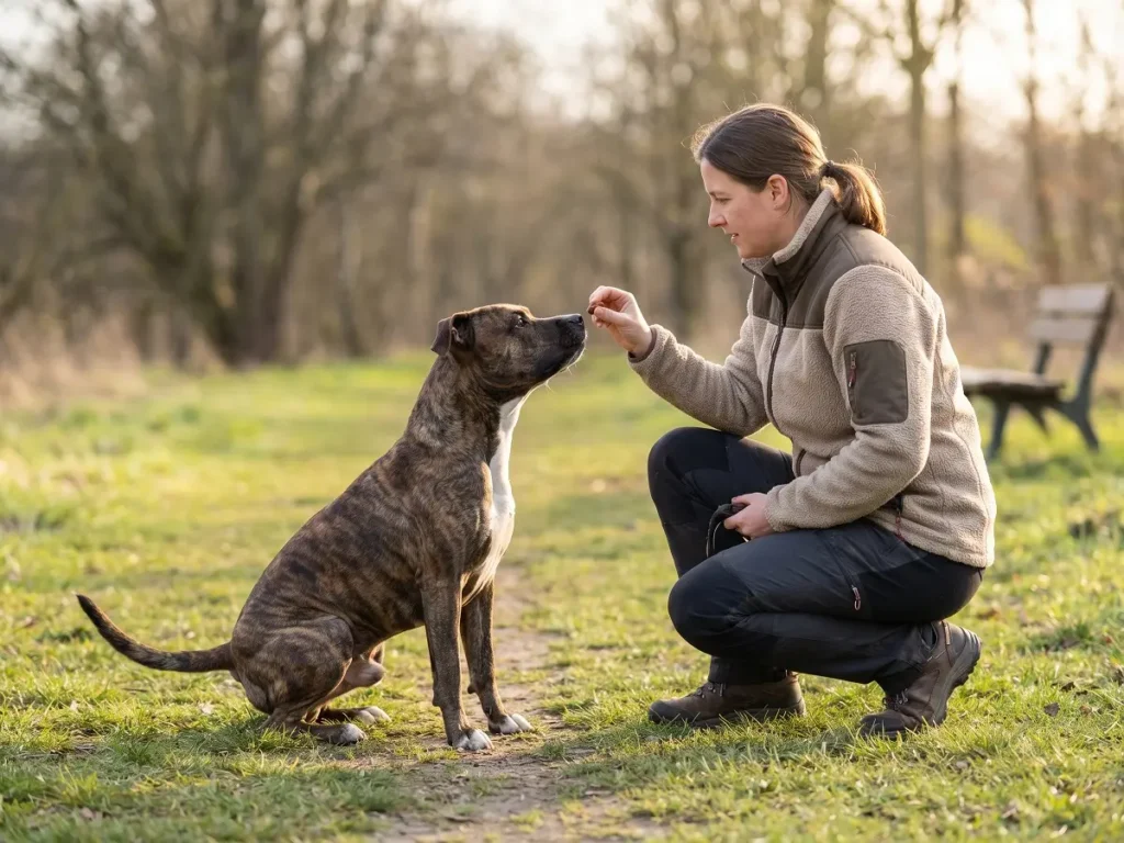 american-staffordshire-terrier-training. Training American Staffordshire Terrier with treats outdoors