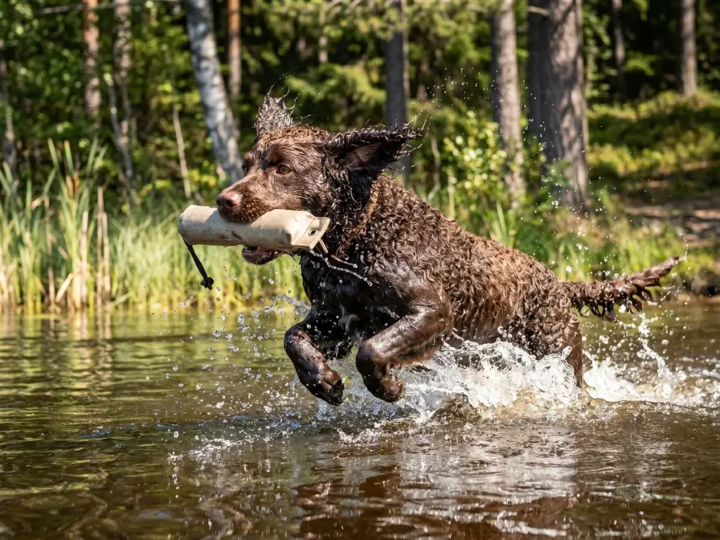 american-water-spaniel-swimming American Water Spaniel swimming in lake retrieving