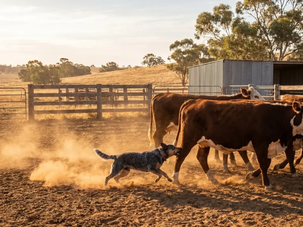 australian-cattle-dog-herding-cattle Australian Cattle Dog herding cattle on a farm