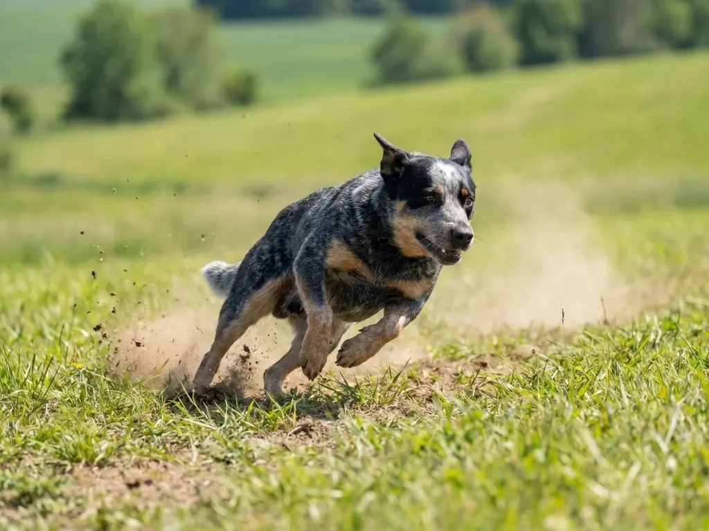 australian-cattle-dog-running-outdoors Australian Cattle Dog running in open field exercise