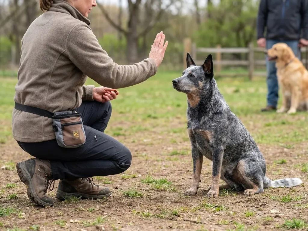 australian-cattle-dog-training-session Australian Cattle Dog training with owner outdoors