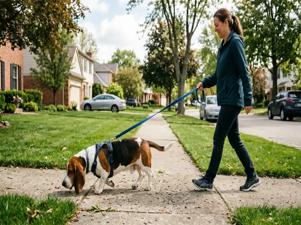 basset-hound-walking-on-leash Basset Hound walking on leash and sniffing ground