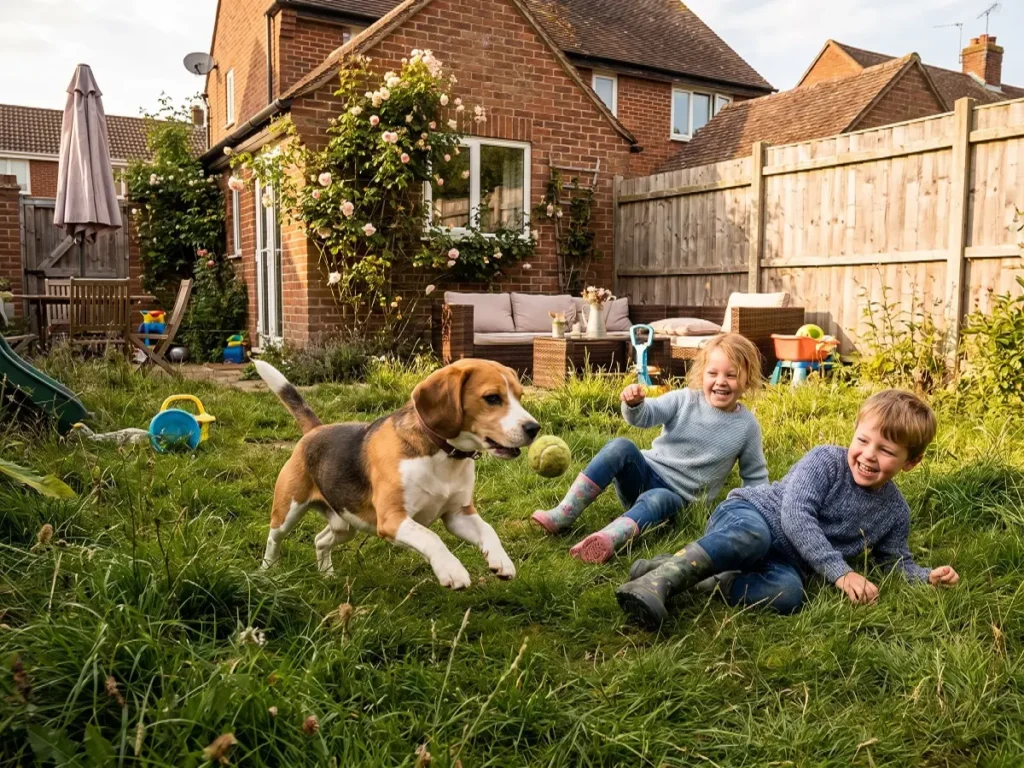 beagle-with-family-kids Beagle dog playing with kids in backyard