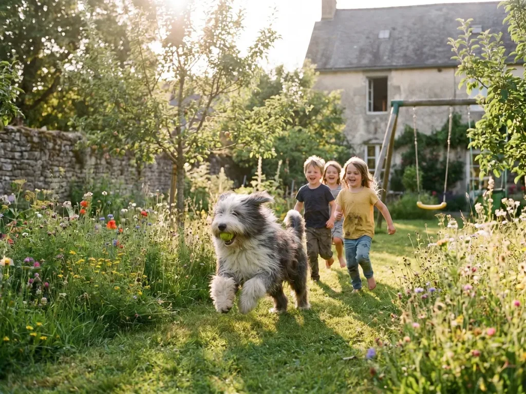 bearded-collie-playing-with-family Bearded Collie playing with kids in a garden