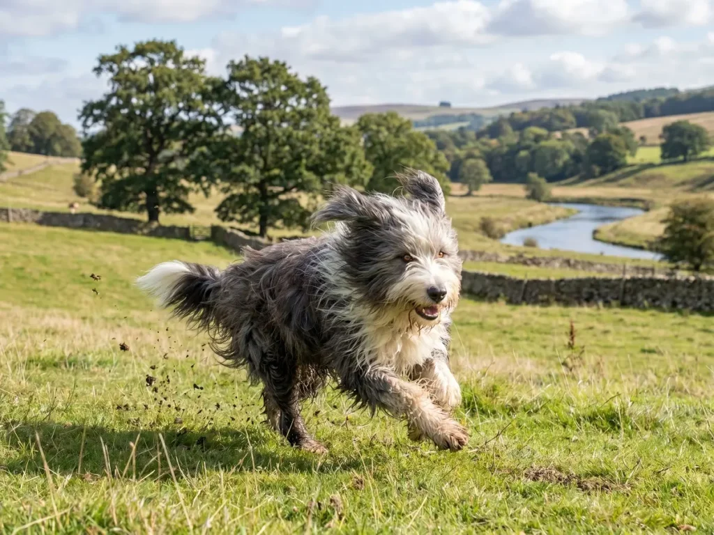 bearded-collie-running-outdoors Bearded Collie running in open field exercise