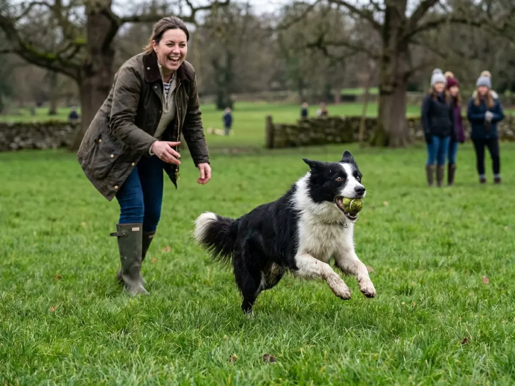 border-collie-daily-exercise Border collie playing fetch in park with owner