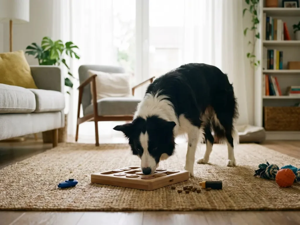 border-collie-mental-training Border collie using puzzle toy indoors
