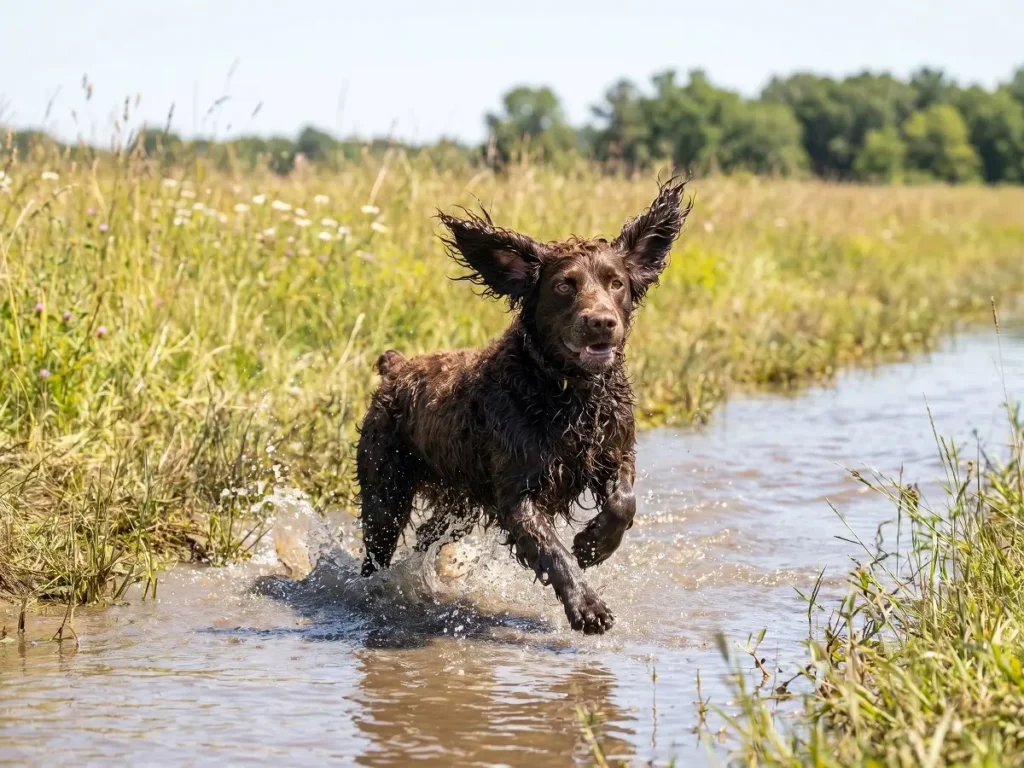 boykin-spaniel-exercise-needs. Boykin Spaniel running outdoors showing high energy