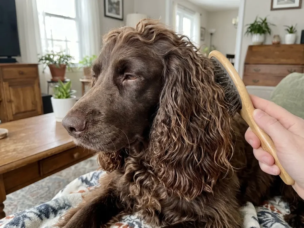 boykin-spaniel-grooming-care Owner brushing Boykin Spaniel coat indoors