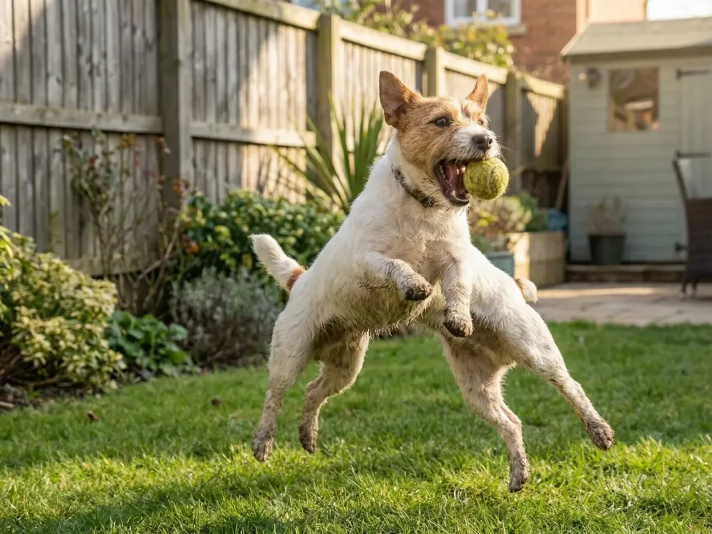 jack-russell-exercise-fetch-game Jack Russell Terrier playing fetch in a backyard garden