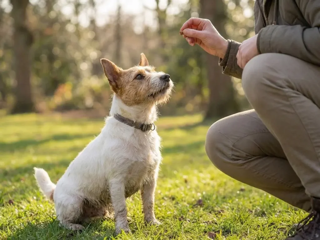 jack-russell-training-session Jack Russell Terrier being trained with treats outdoors