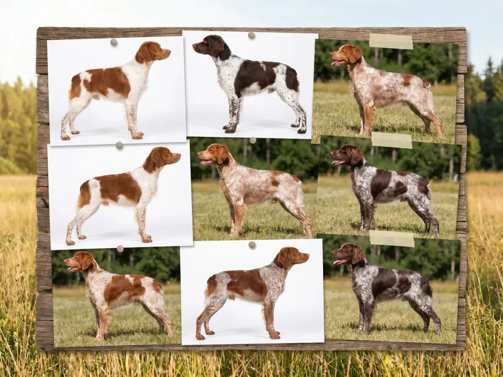 brittany-dog-coat-colors Different coat colors of a Brittany dog including orange white and liver white