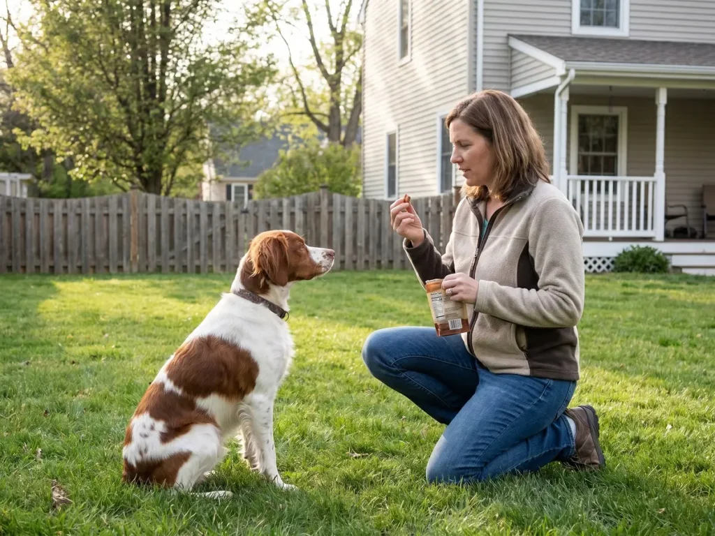 brittany-dog-training-session Owner training a Brittany dog in a backyard using positive reinforcement