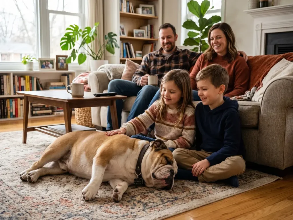 bulldog-family-dog Bulldog relaxing with a family indoors