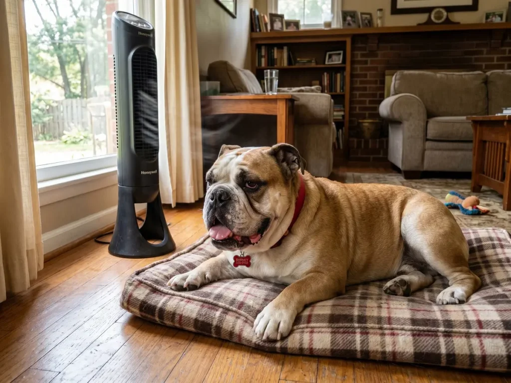 bulldog-health-problems Bulldog resting indoors because of heat sensitivity and breathing issues