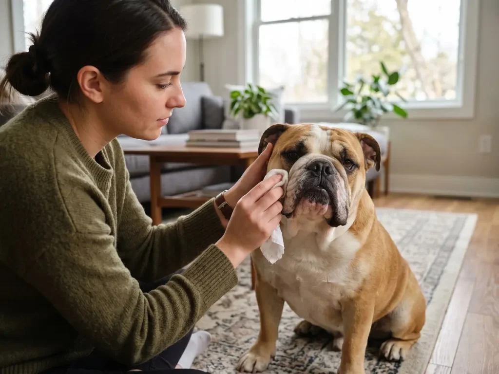 cleaning-bulldog-wrinkles Owner cleaning Bulldog facial wrinkles at home
