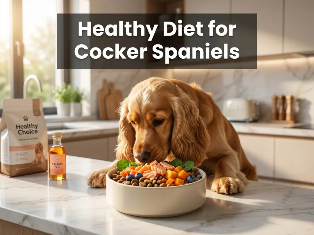 cocker-spaniel-diet-and-nutrition Cocker Spaniel eating healthy balanced dog food in modern kitchen