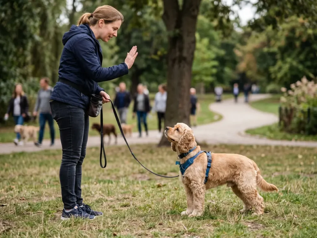 cocker-spaniel-training-session Cocker Spaniel dog training outdoors with owner