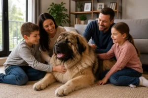 Family sitting with a giant fluffy dog in a cozy living room, showing a calm, gentle, and child-friendly large dog breed.