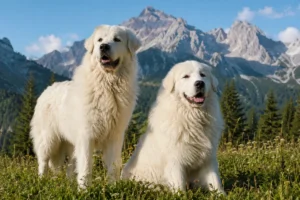 Two giant white fluffy dog breeds standing in an alpine meadow with thick coats, calm expressions, and a realistic mountain background.