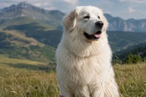 Great Pyrenees giant fluffy dog standing in a mountain meadow with a thick white coat and calm guardian breed appearance.