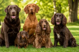 Different types of brown dogs sitting together in a park, including chocolate, tan, and deep brown dog breeds.