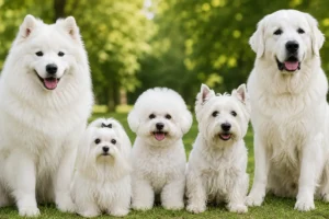 Different types of white dogs sitting together in a park, including small and large white-coated breeds.
