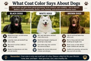 Infographic explaining what black, white, and brown dog coat colors can show about grooming, heat comfort, and care needs.