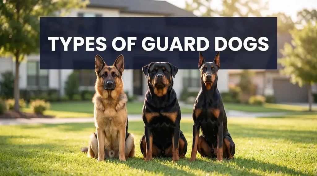 Types of Guard Dogs: Roles, Breeds, and How to Choose German Shepherd, Doberman Pinscher, and Rottweiler sitting calmly outside an American suburban home beneath the title Types of Guard Dogs.